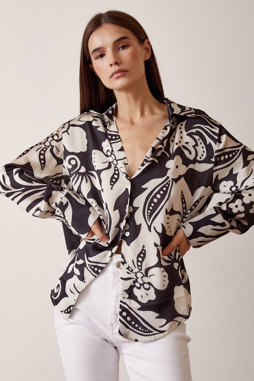 Satin Black Floral Shirt