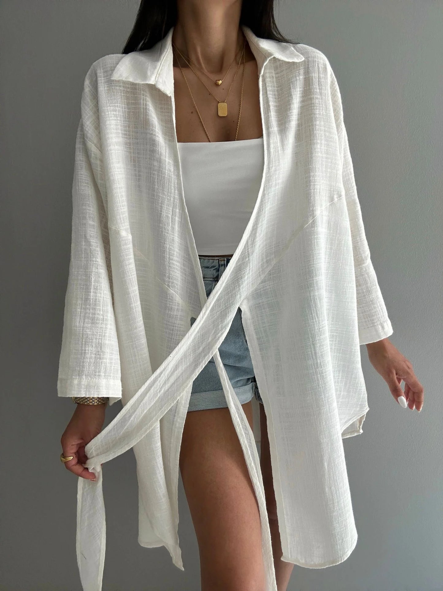 White Linen Tie Kimono