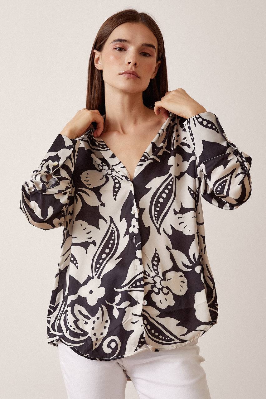 Satin Black Floral Shirt