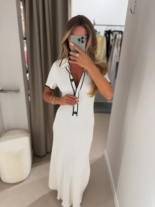 Off White Triko Ribbed Dress With Black Stripes