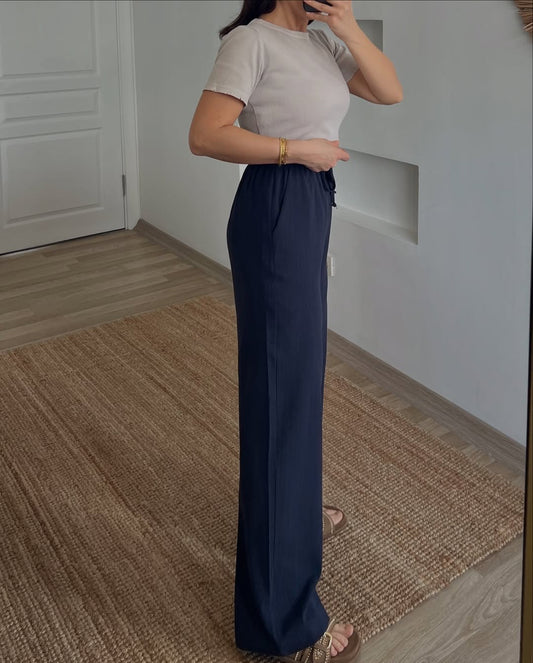 Navy Stripy Linen Straight Leg Pants With Elastic Waist