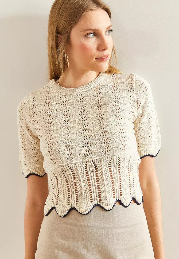 Off White X Navy Zigzag Crochet Top