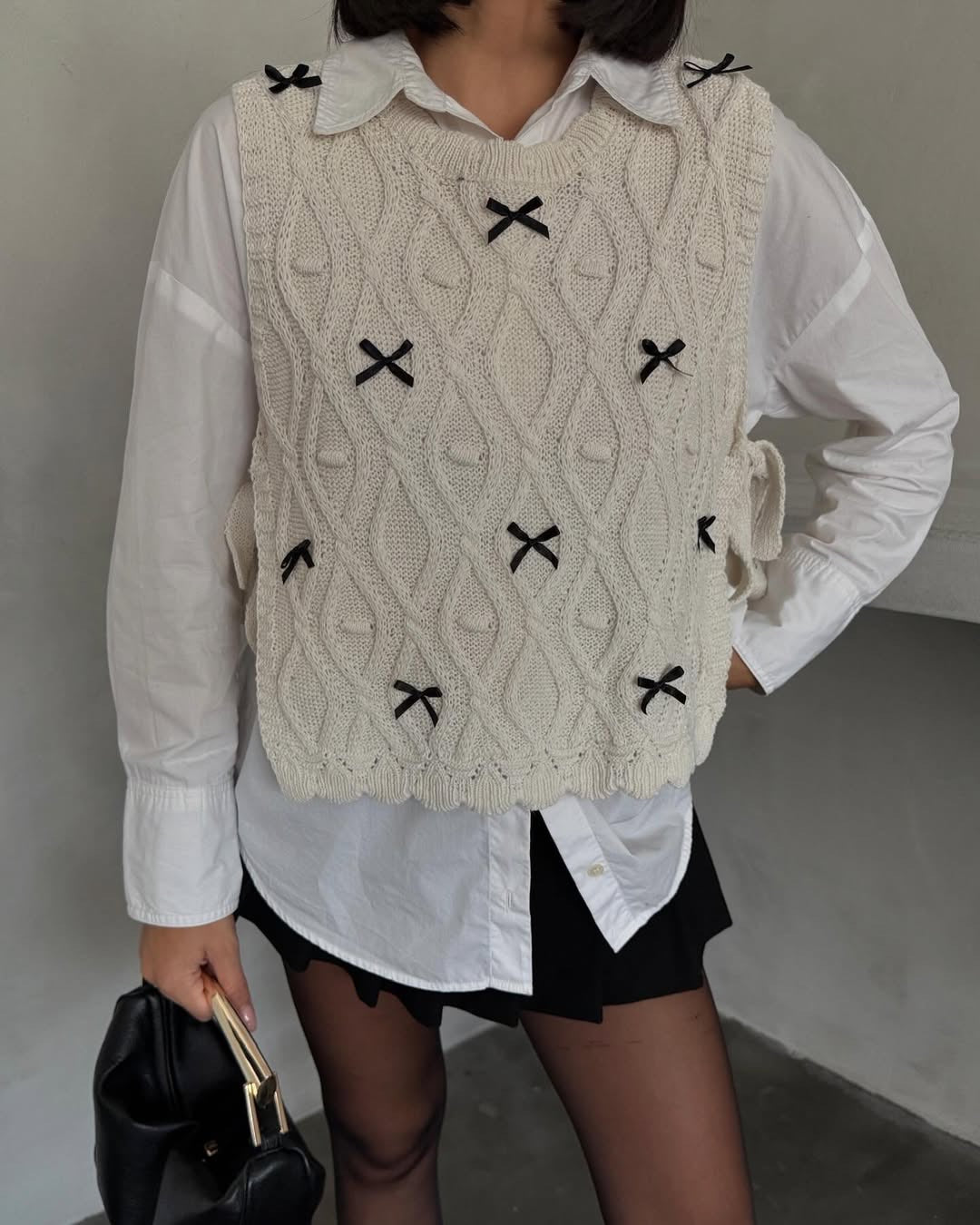 Off White Crochet Vest With Ties & Bows