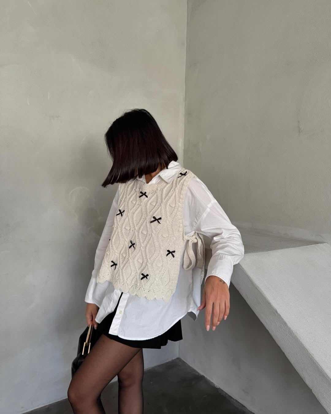 Off White Crochet Vest With Ties & Bows