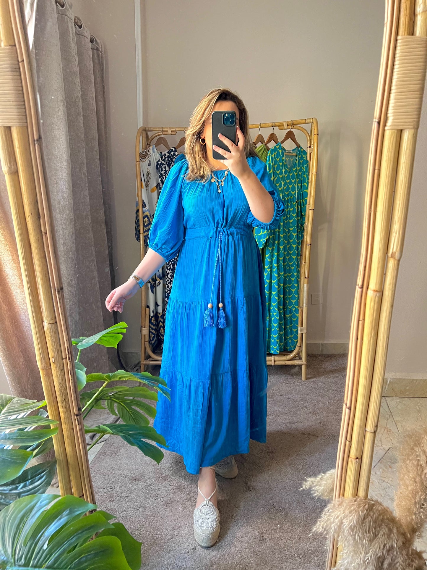 Azure Blue Off shoulder Tasseled Dress