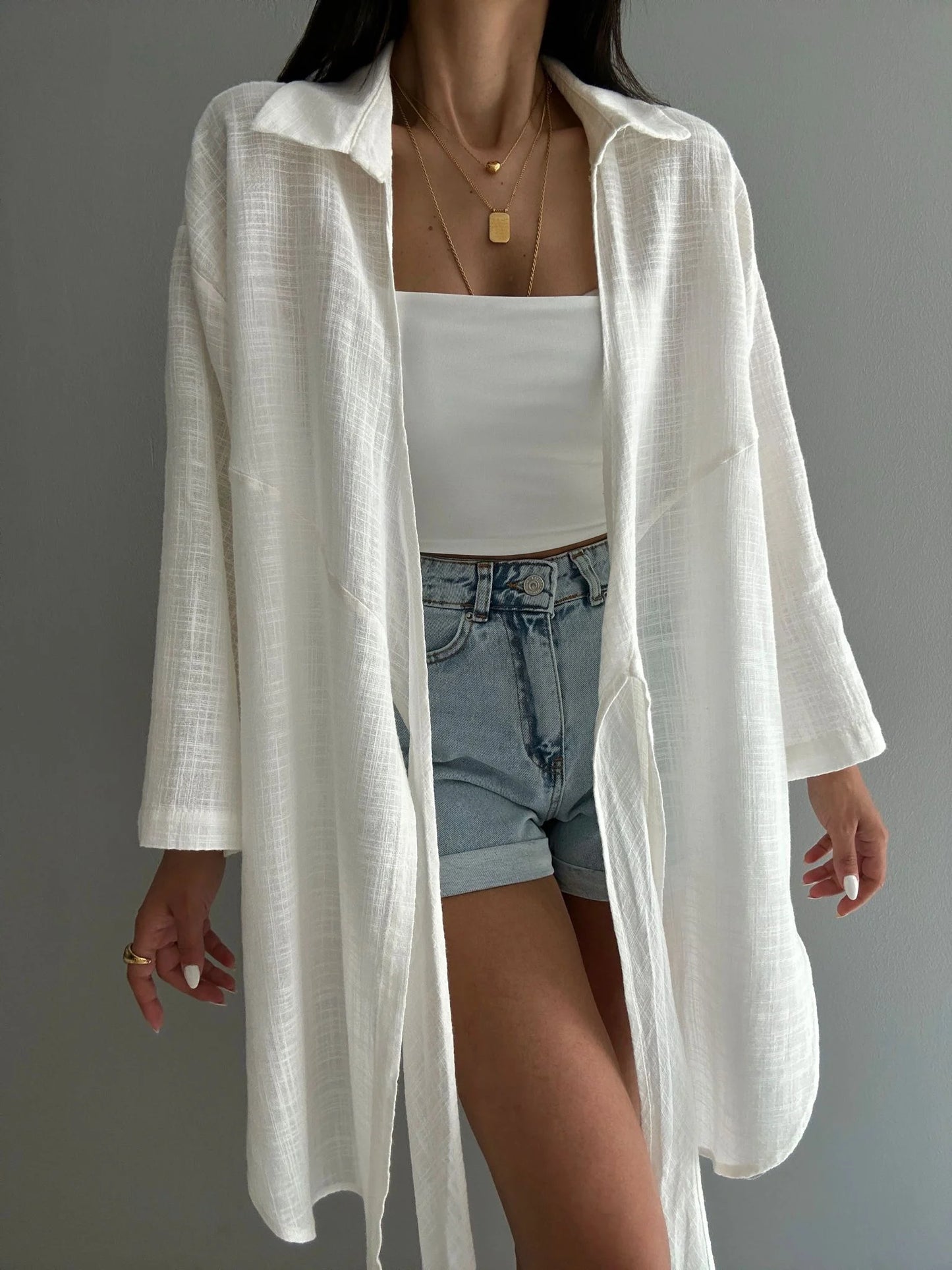 White Linen Tie Kimono