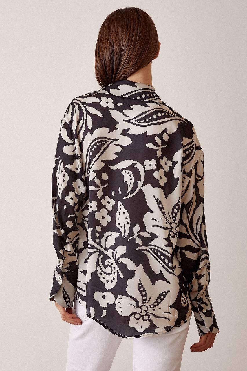 Satin Black Floral Shirt
