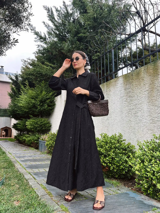 Black Embroidered Floral Dress With Side Belt