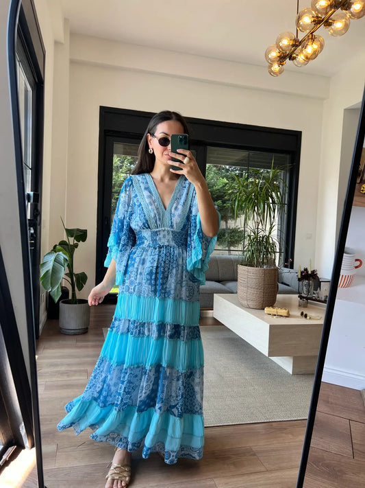 Blue Floral Chiffon Ruffle Dress With Elastic Waist