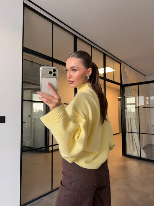 Yellow Bat Sleeves High Neck Pullover