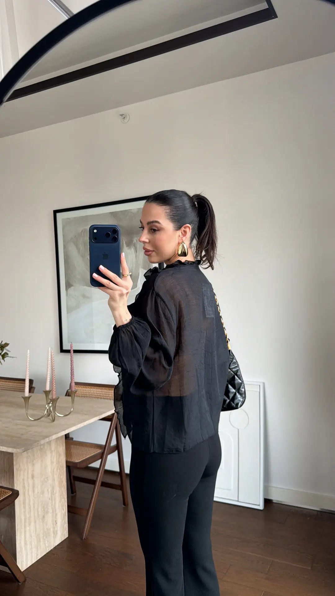 Black Ruffles V Neck Blouse