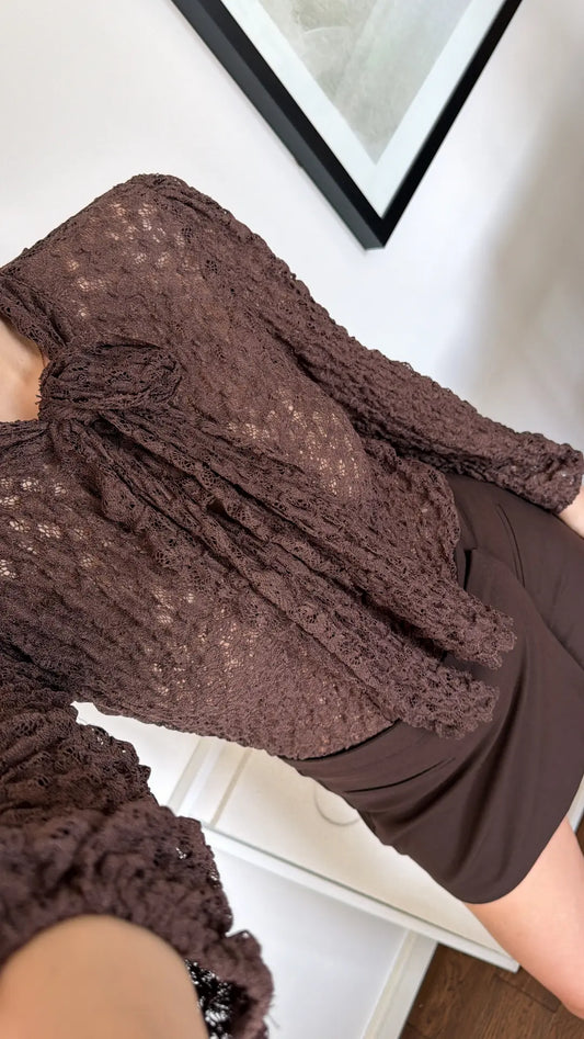 Brown Lace Blouse With Front Ties