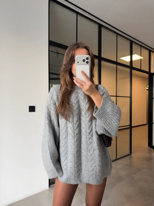 Grey Braided Oversized Pullover With Silver Threads