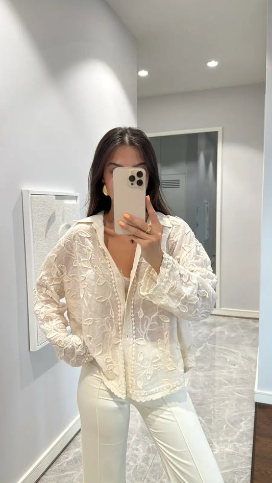 Beige Embroidered Petals Shirt