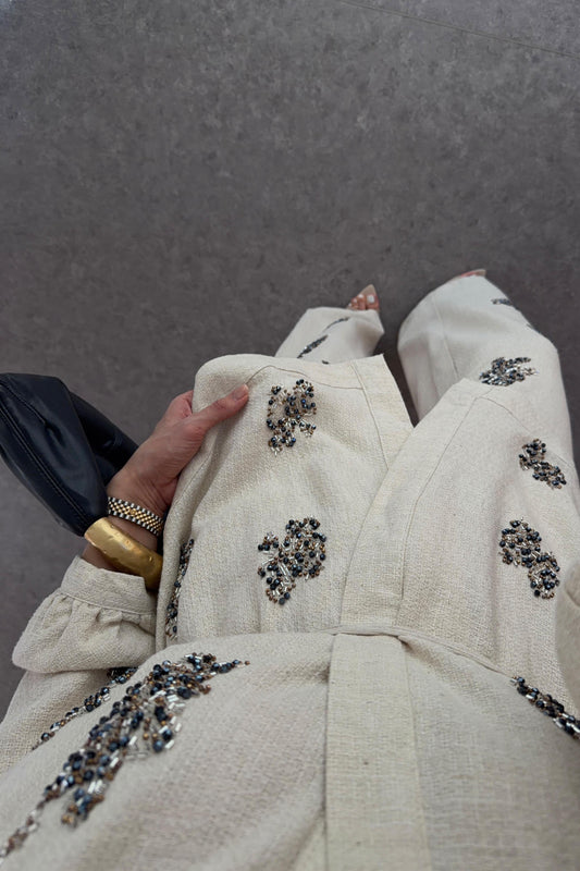 Embroidered Beaded Linen Kimono Set
