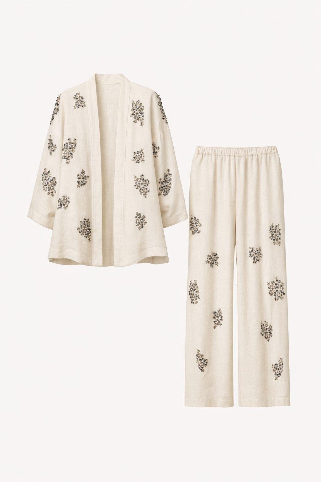 Embroidered Beaded Linen Kimono Set