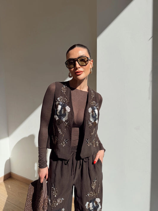 Boho Brown Embroidered Vest & Pants Set