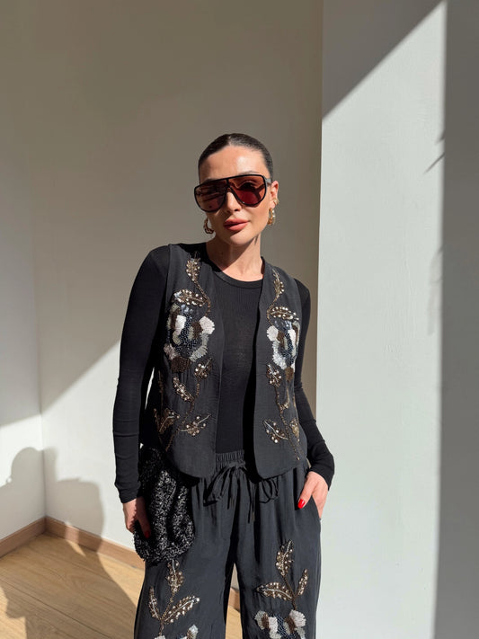 Boho Black Embroidered Vest & Pants Set