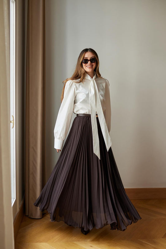 Brown Chiffon Pleated Flowy Skirt