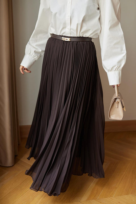 Brown Chiffon Pleated Flowy Skirt