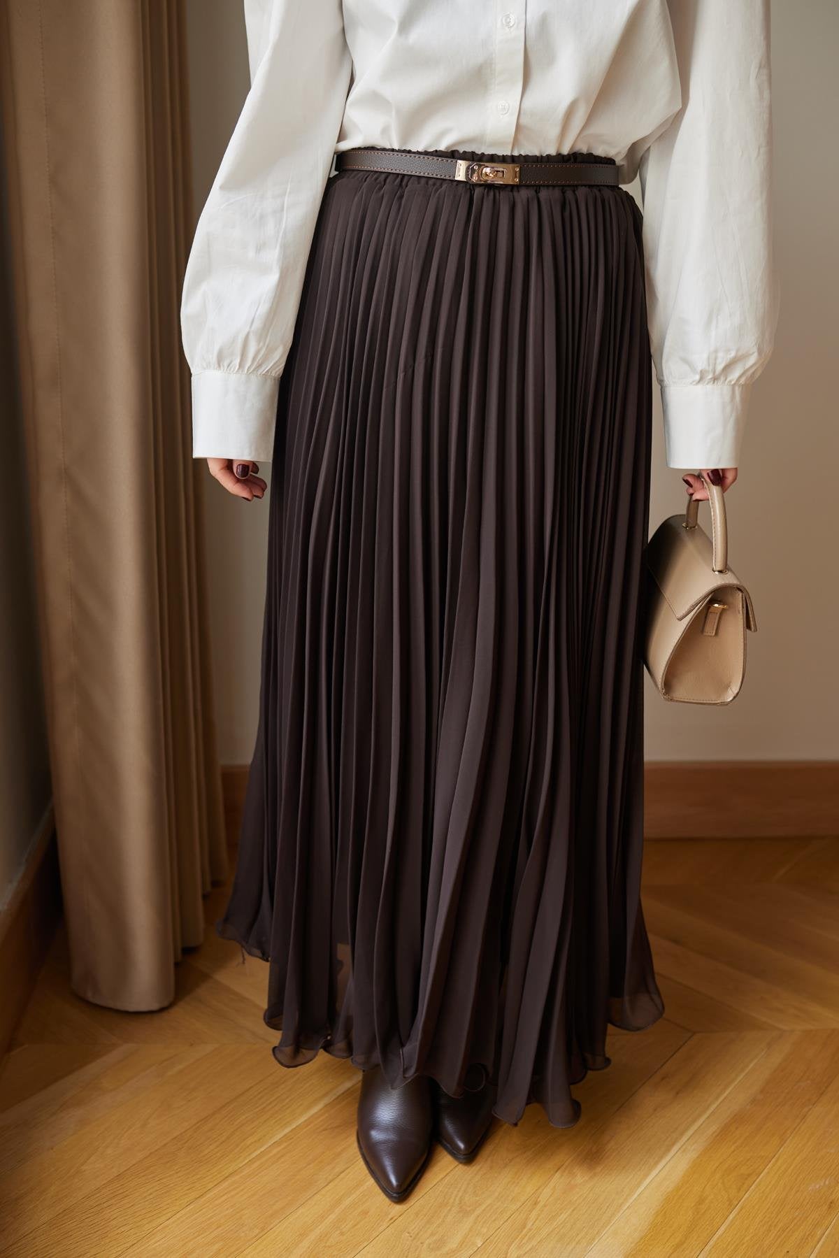 Brown Chiffon Pleated Flowy Skirt