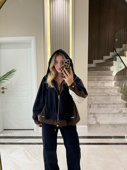 Navy X Brown Hooded Tracksuit with Pockets