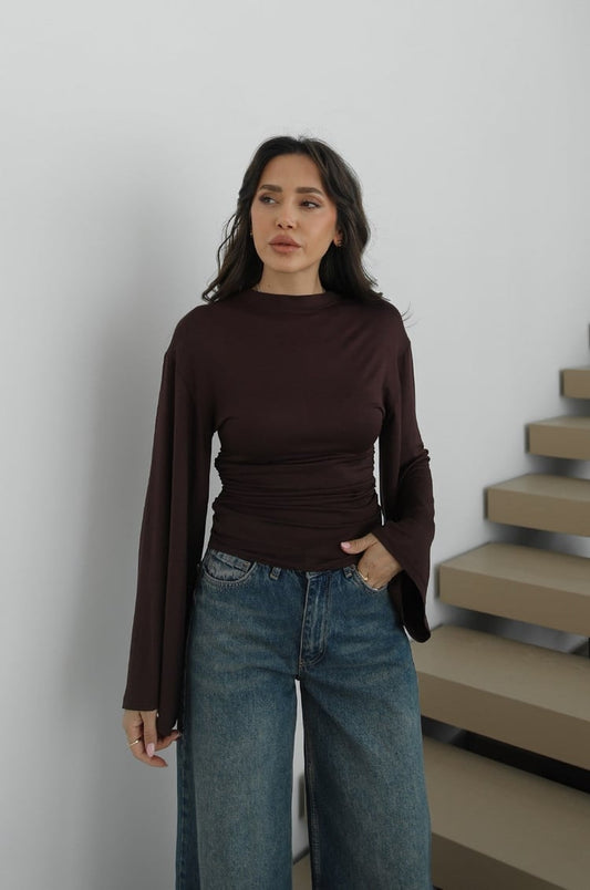 Brown Cotton Waisted Top With Bell Sleeves