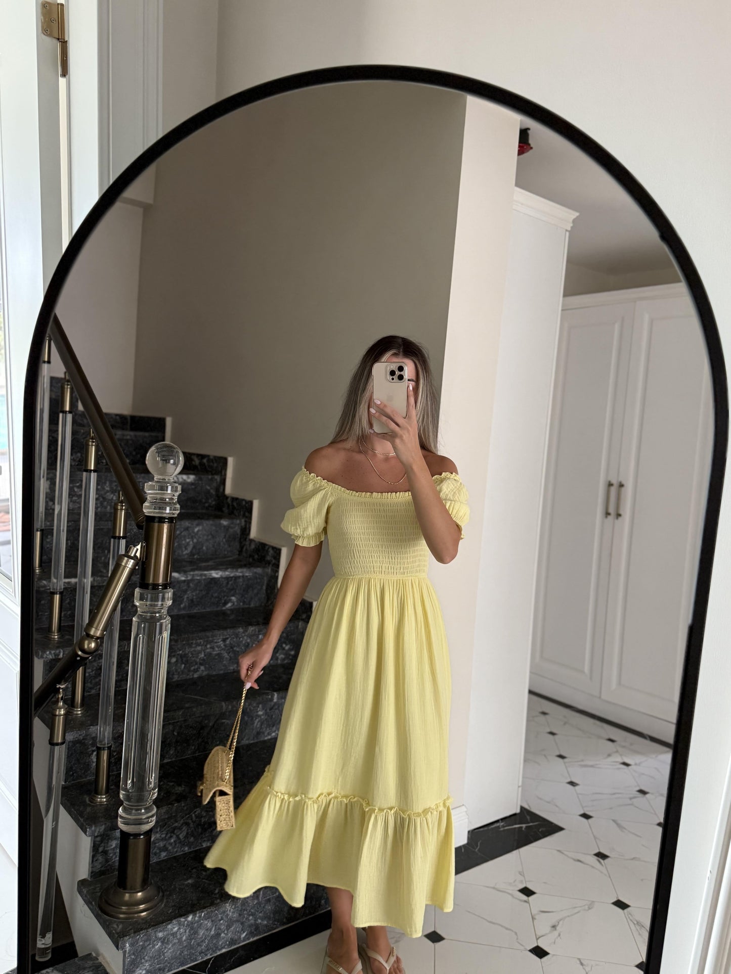 Yellow Puff Off-Shoulder Sleeves Dress