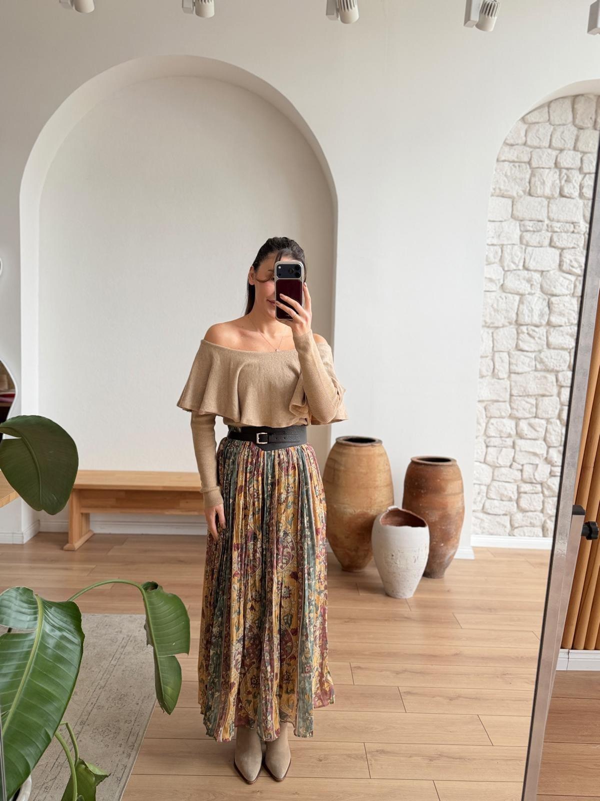 Colorful Ruffled Chiffon Skirt With Leather Belt