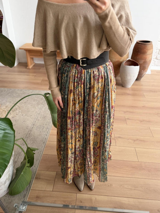 Colorful Ruffled Chiffon Skirt With Leather Belt
