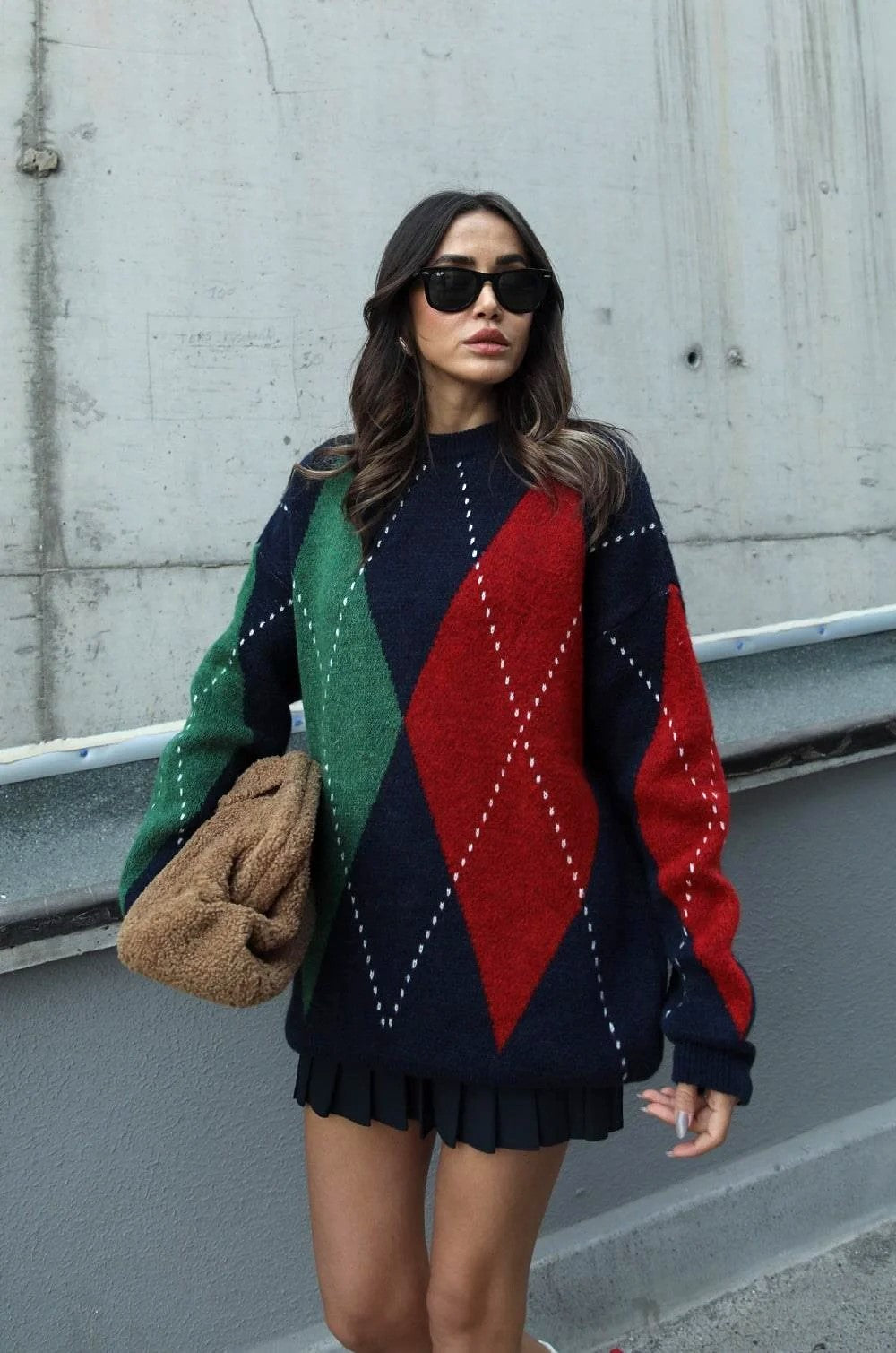 Red X Green Rhombus Navy Pullover