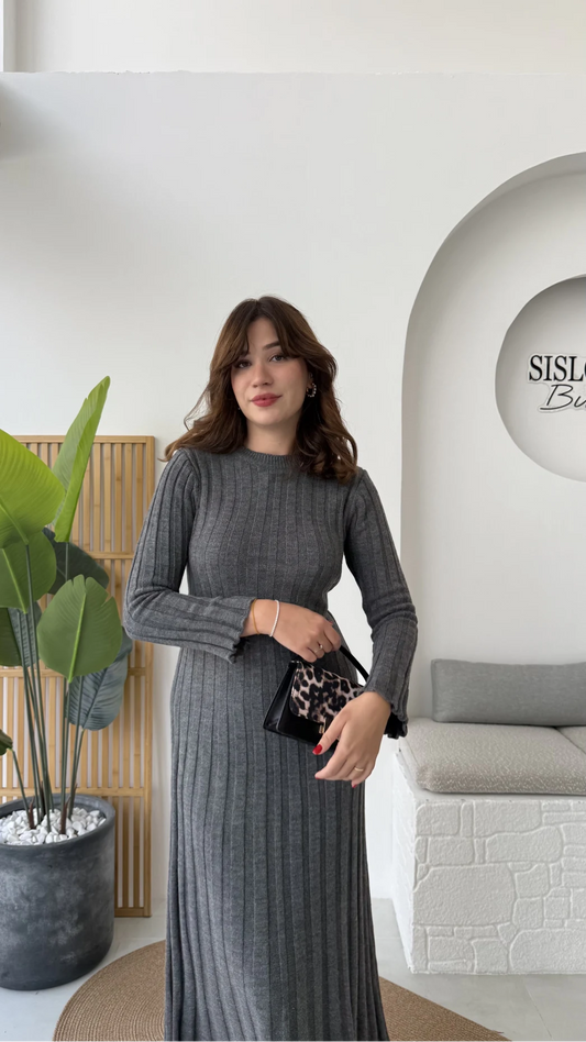 Grey Triko Ribbed Dress With Waist Tie