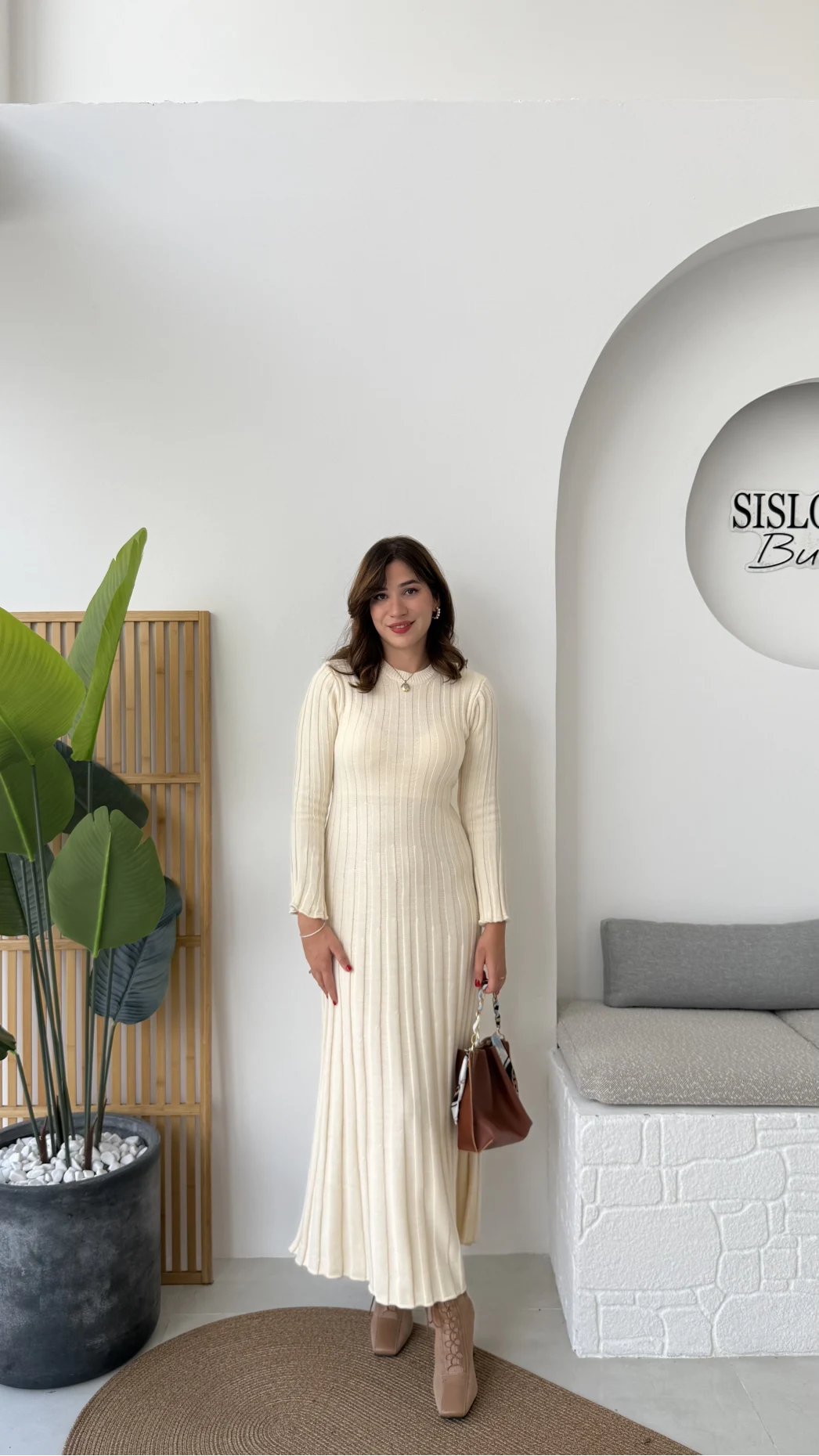 Cream Triko Ribbed Dress With Waist Tie