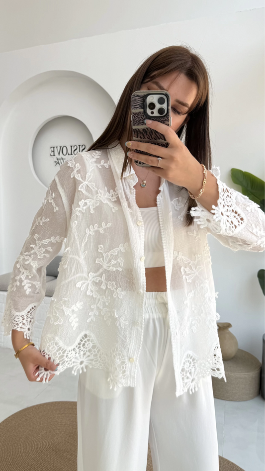 Cotton White Embroidered Floral Shirt With Dantel