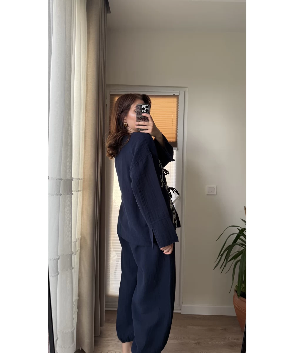 Navy Embroidered Cardigan With Bell Sleeves