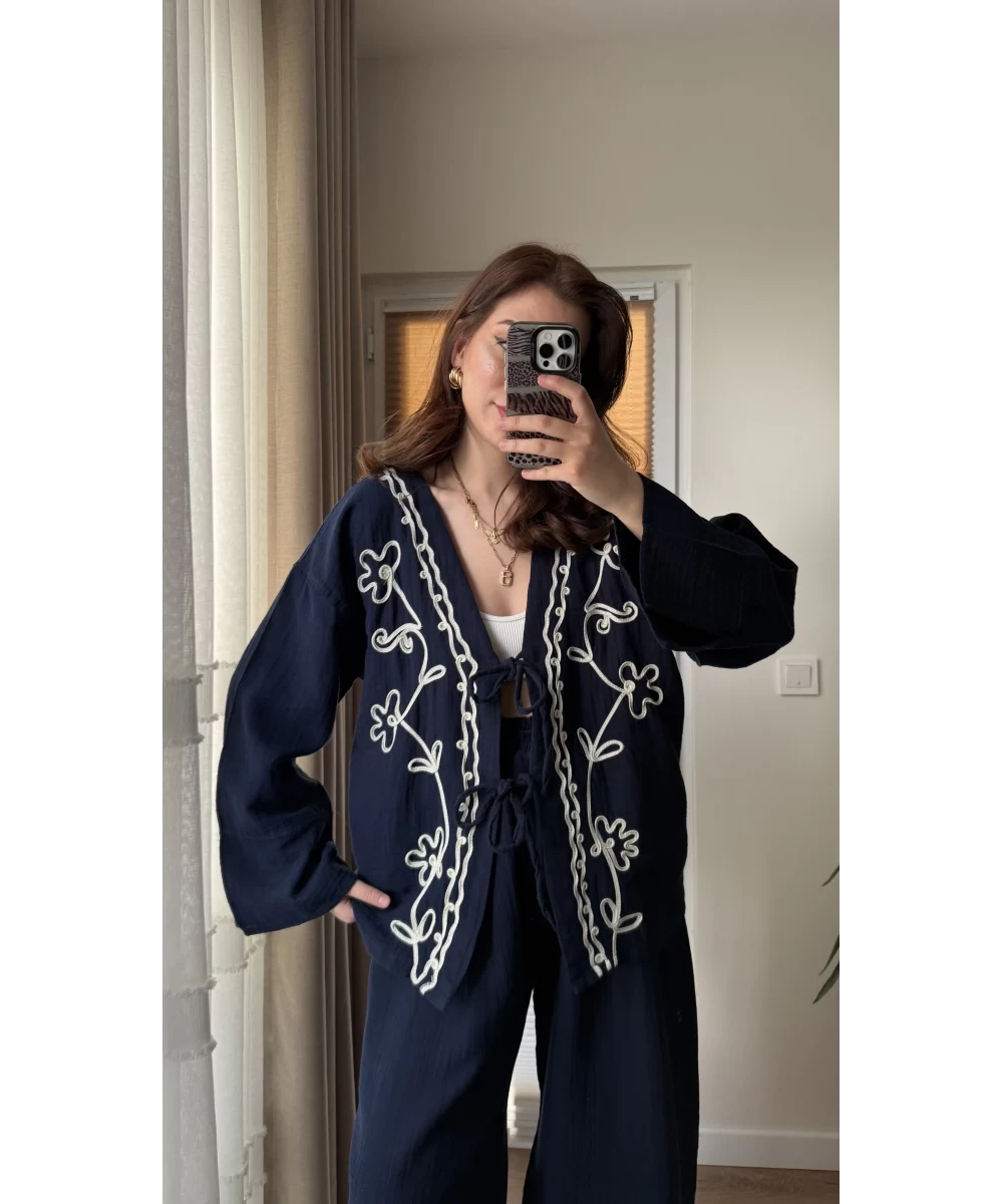 Navy Embroidered Cardigan With Bell Sleeves