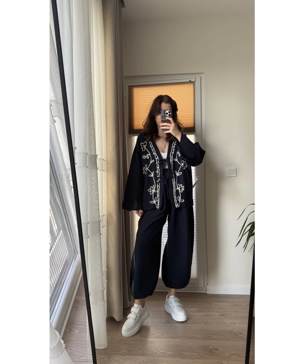 Navy Embroidered Cardigan With Bell Sleeves