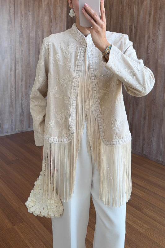 Beige Fringes Embroidered Jacket