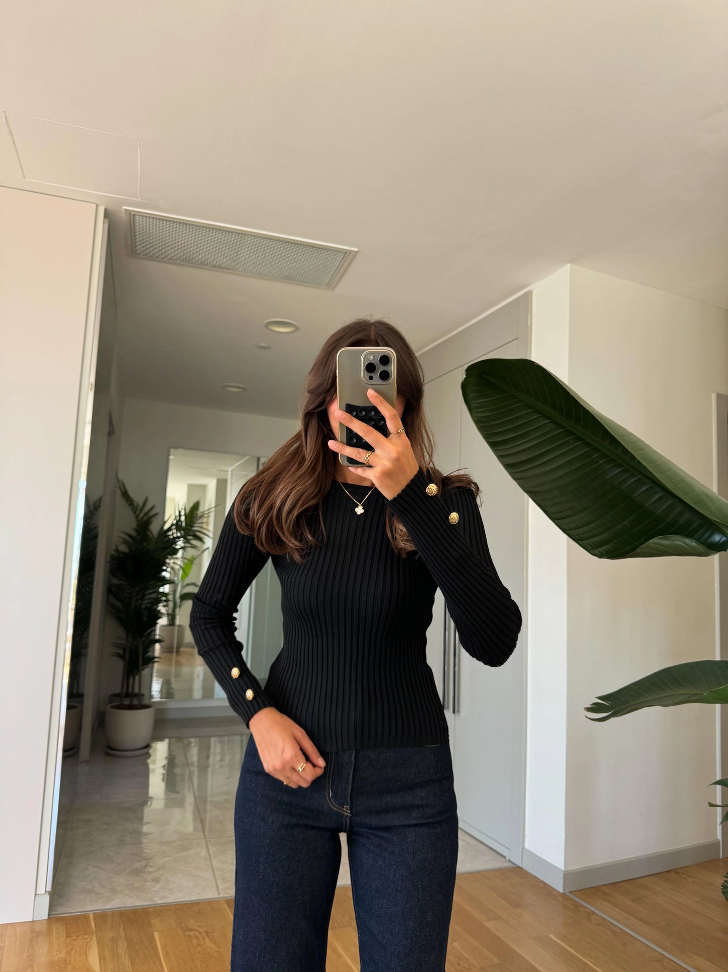 Basic Black Ribbed Pullover With Golden Buttons