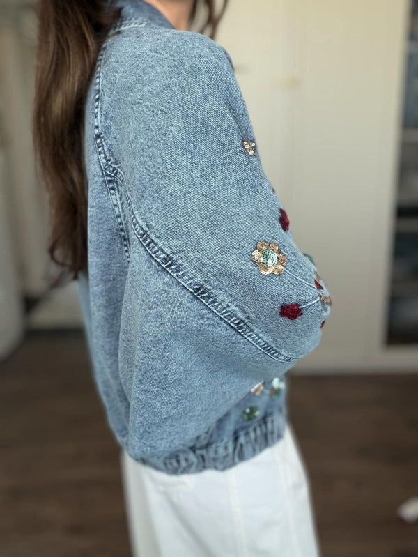 Embellished Floral Sequined Denim Bomber Jacket