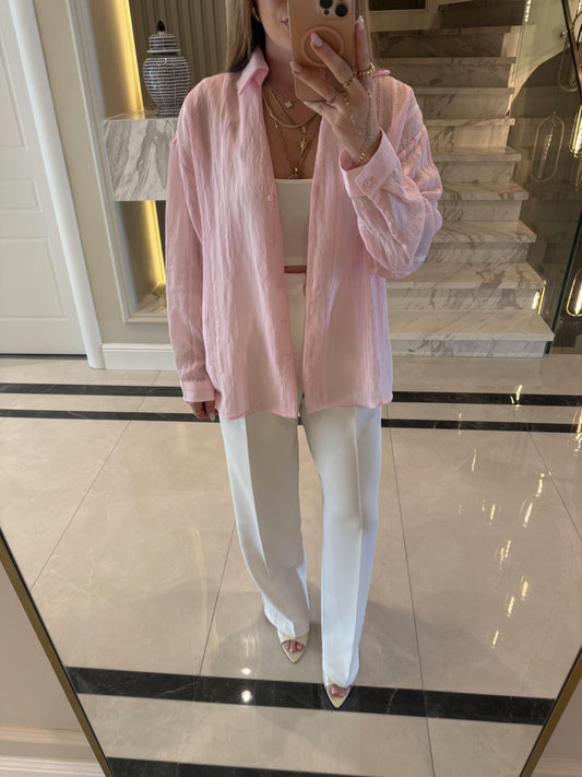 Pink Striped Linen V Neck Shirt