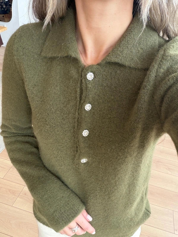 Olive Green Polo Pullover With Rhinestone Buttons