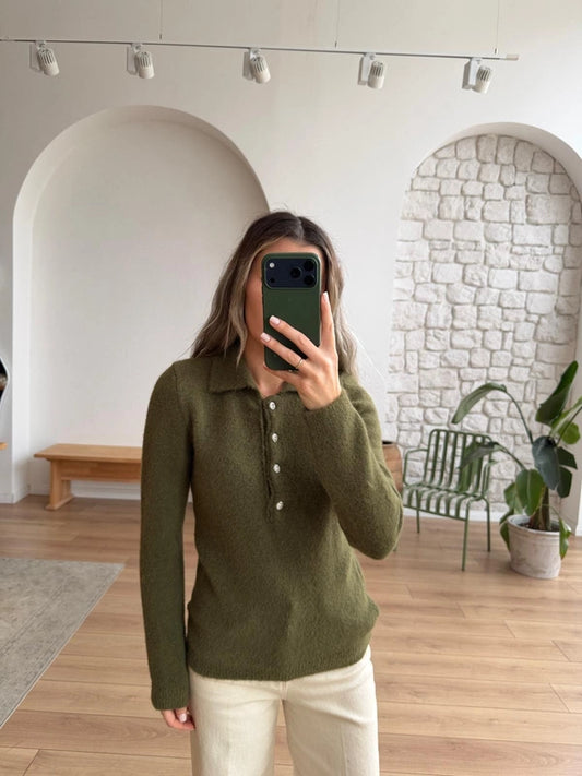 Olive Green Polo Pullover With Rhinestone Buttons
