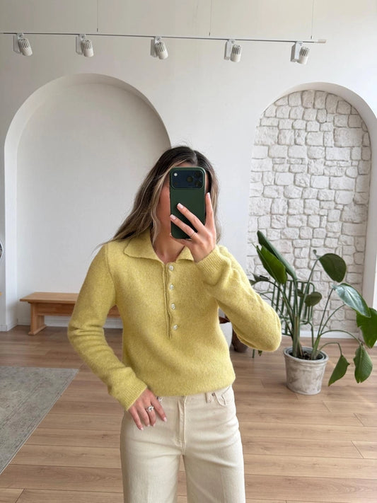 Lime Yellow Polo Pullover With Rhinestone Buttons