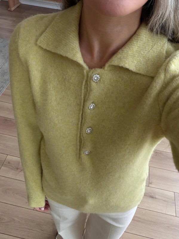 Lime Yellow Polo Pullover With Rhinestone Buttons