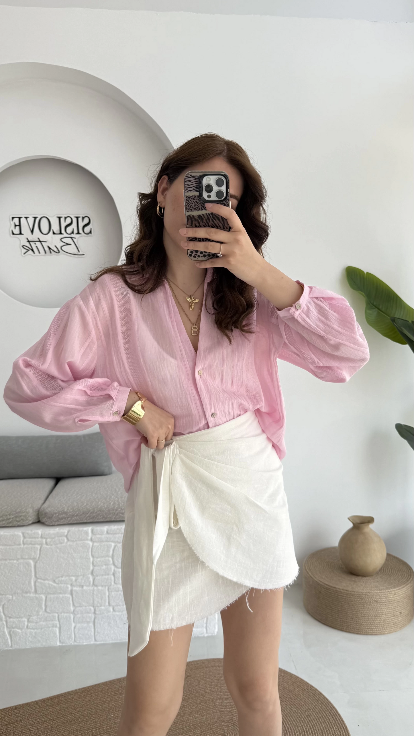 Pink Striped Linen V Neck Shirt