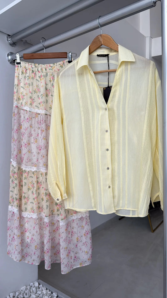 Butter Yellow Striped Linen V Neck Shirt