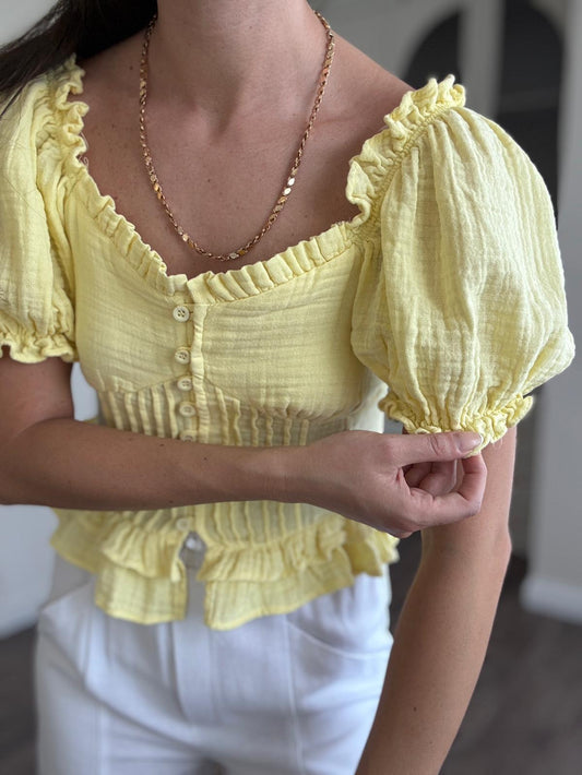 Yellow Corset Waist Half Sleeve Blouse