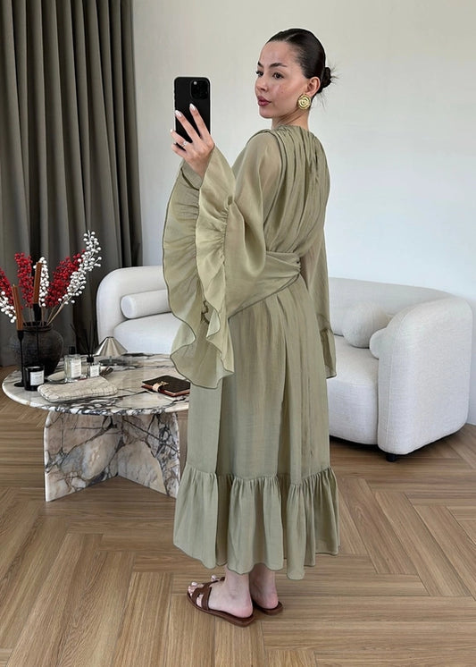 Olive Ruffles Chiffon Dress With Scarf