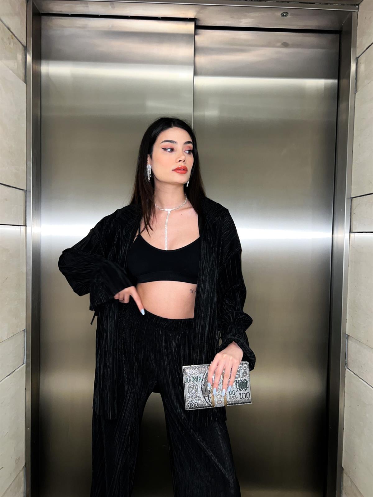 Black Pleated Kimono Set
